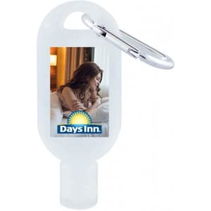 A 30mL hand sanitiser in a clear container with a carabiner, featuring a logo and an image on the front.
