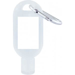 A clear 30mL hand sanitiser bottle with a carabiner and a space for a label.