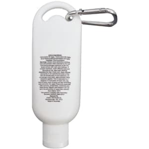 A white 50mL sunscreen bottle with a carabiner attachment, featuring product details on the back.