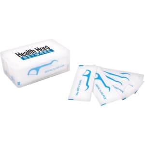 Dental floss picks packaged in a clear box, featuring a blue design and a logo.