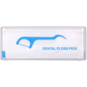 A clear case containing dental floss picks, featuring a blue design and a logo. The pack includes 25 floss picks.
