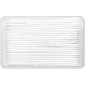 A white plastic container holding 25 white dental floss picks, neatly arranged inside.