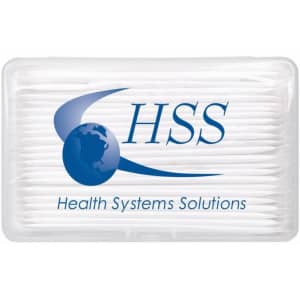 A clear container holding multiple white dental floss picks, featuring a logo on the front.