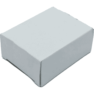 A plain white box with a simple design, featuring a lid and a rectangular shape.