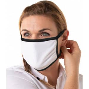 A cotton face mask in white with black trim worn by a woman, who is adjusting it.