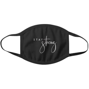 A black cotton face mask featuring the words "Stay Strong" in a stylish font. The mask has ear loops and a logo.