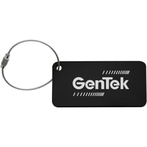 A black luggage tag featuring a logo on a cable attachment.