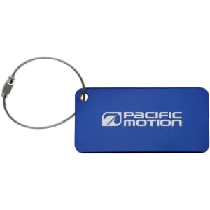 A blue luggage tag with a metal wire attachment and a logo on one side.
