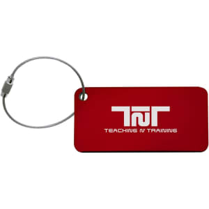 A red luggage tag with a silver wire loop and a logo printed on the front.
