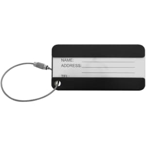 A black and transparent luggage tag with a stainless steel cable. It features blank fields for name, address, and telephone.