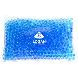 A blue caviar bead cooling pack in a clear plastic pouch, featuring a logo.