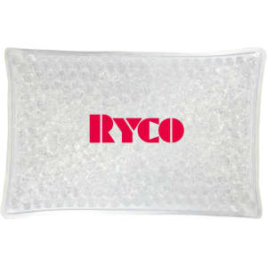 A clear, rectangular cooling pack filled with small beads, featuring a prominent logo in pink.