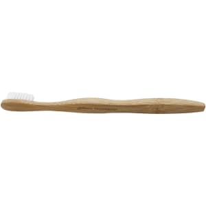 A bamboo toothbrush with a curved handle and white bristles, featuring a simple design and a brand logo.