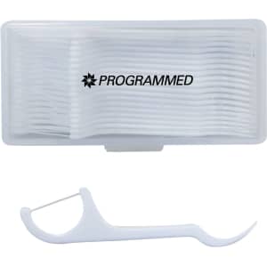 A white dental floss pack containing 20 pieces, with a plastic floss holder included. The pack features a logo.