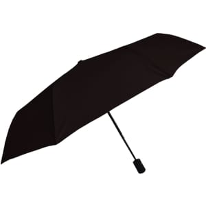 A black umbrella with a slim handle and a simple design, featuring a branding logo.