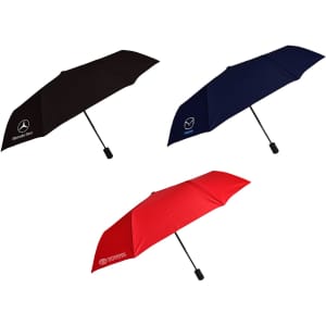 Three umbrellas in black, navy blue, and red, each featuring a different logo on the canopy.