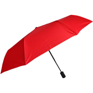 A red umbrella with a black handle and a compact design, featuring a logo on the handle.