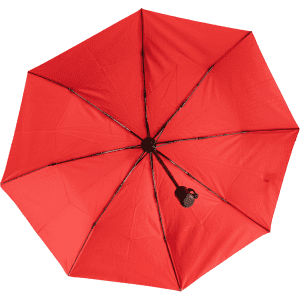 A red umbrella with a rounded handle and a sturdy frame, featuring an internal structure. It includes a logo.