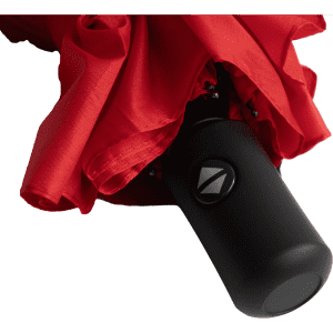 A red umbrella with a black handle and a logo, neatly folded.