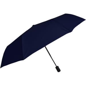 A navy blue umbrella with a sturdy handle and a sleek design. It features a simple, modern style and has a logo.
