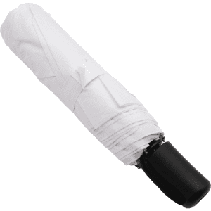A collapsible white umbrella with a black handle, featuring a compact design for easy storage.