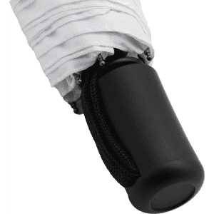 A black handle of a white umbrella, featuring a textured grip and a cord for carrying.