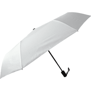 A white umbrella with a black handle features a logo on the canopy.