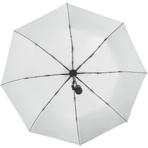 A white umbrella with a black handle and a logo, featuring an eight-panel design.