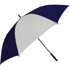 A navy and white umbrella featuring a black handle and a branding logo on the handle.