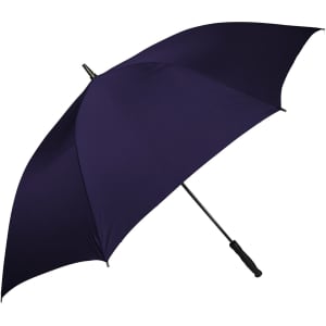 A navy umbrella with a black handle and a logo on the canopy.