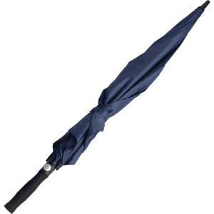 A navy blue umbrella with a black handle and a tied fabric closure. It has a logo on the handle.