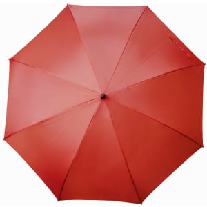 A red umbrella featuring a central opening mechanism and a simple design. It has a black grip handle.