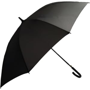 A black umbrella with a curved handle and a solid canopy, featuring a logo on the fabric.