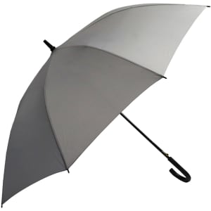 A grey umbrella with a curved black handle and a black frame, featuring a logo on the canopy.
