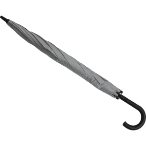 A grey umbrella with a black, curved handle and a compact design. It features a logo on the fabric.