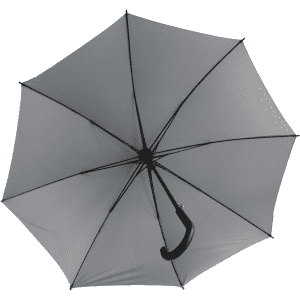 A grey corporate umbrella with a black handle, featuring a simple design and a logo on the canopy.