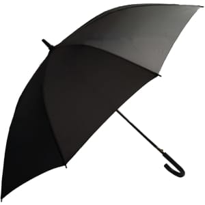 A black umbrella with a curved handle and a sleek design, featuring a logo on the canopy.