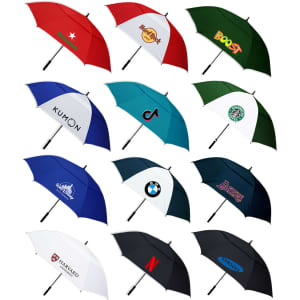 A collection of various umbrellas in multiple colours, featuring different logos and branding on the tops.