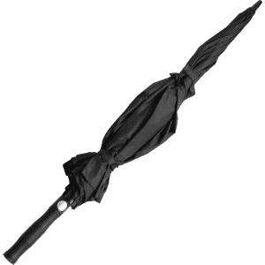 A black umbrella with a sleek handle and a closed, compact design. It features a logo on the handle.