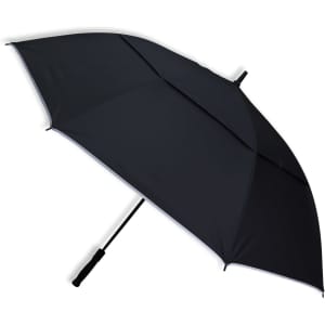 A black umbrella with a sleek design and a logo on the handle.