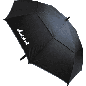 A black umbrella with eight panels and a logo. The design features a sleek, minimalist style.