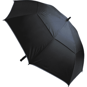 A black umbrella with a sleek design and a central support pole. It features a logo on the handle.