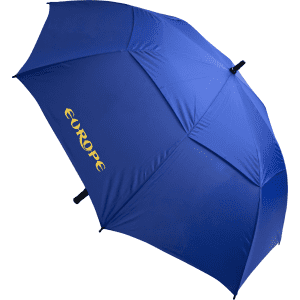 A blue umbrella with a black handle and a logo, featuring eight panels.