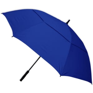A blue umbrella with a black handle and a logo on the rib.