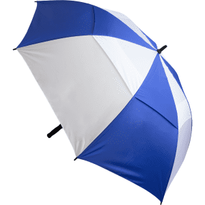 A blue and white umbrella with a black handle, featuring a logo on the canopy.