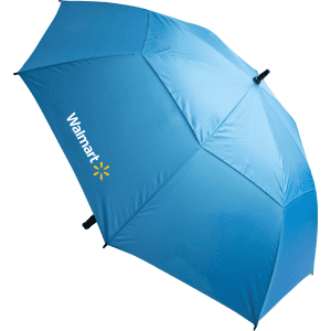 A blue umbrella with a logo, featuring a sleek design and a sturdy frame.