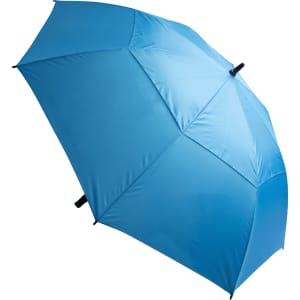 A blue umbrella with a curved canopy and a black handle, featuring a logo on the fabric.