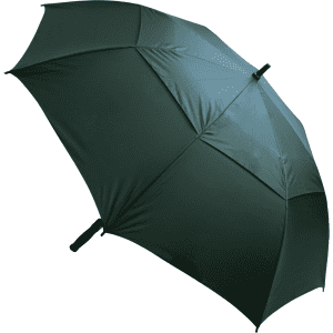 A dark green umbrella with a sleek design and a handle, featuring a logo.
