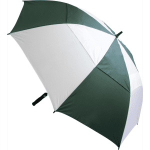 A large green and white umbrella with a sturdy black handle and a simple design, featuring a logo.