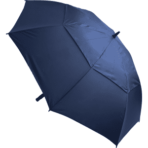 A navy blue umbrella with a sturdy design and a handle. The umbrella features a logo.